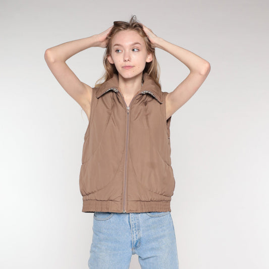 80s Brown Quilted Puffer Vest Zip Knit Collar Sleeveless Medium