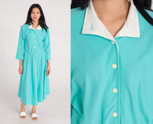 80s Mint Blue Shirtwaist Midi Dress High Waisted Button Up 3/4 Sleeve Large