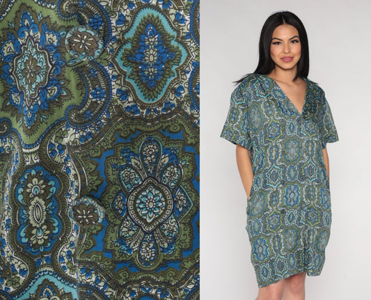 60s Geometric Floral Shirt Dress Mini Blue Green Double Breasted Large L