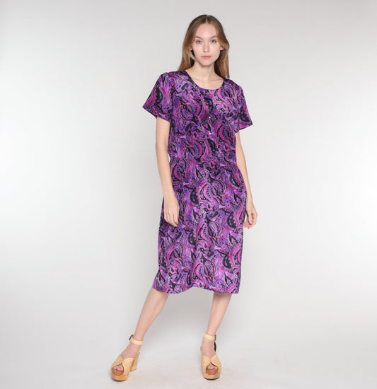 60s Paisley Shirtwaist Midi Dress Purple Pink Black Button-Up Medium Large