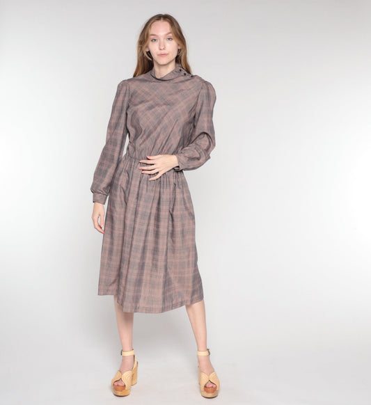80s Grey Plaid Midi Dress Mock Neck Long Sleeve High Waist Small Medium