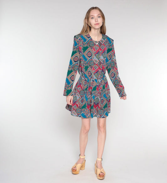 80s Leslie Fay Geometric Mini Dress Colorful Tile Print Long Sleeve Medium