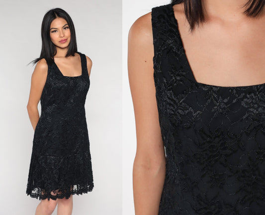 90s Black Lace Mini Dress Drop Waist Square Neck Sleeveless Large 12