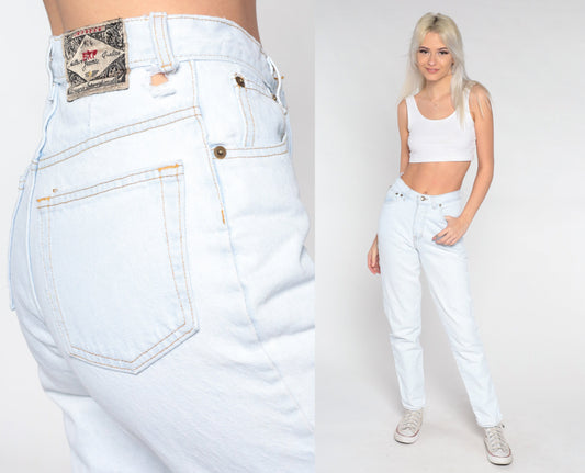 90s Light Wash Stone Denim High Waisted Slim Jeans Pale Blue Extra Small