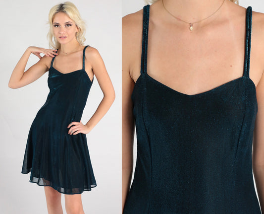90s Metallic Blue Mini Dress Sweetheart Neckline Spaghetti Strap Small