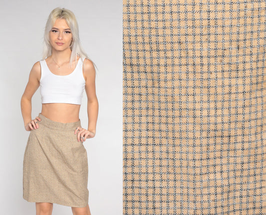 90s Checkered Mini Pencil Skirt Tan Grey High Waisted Small