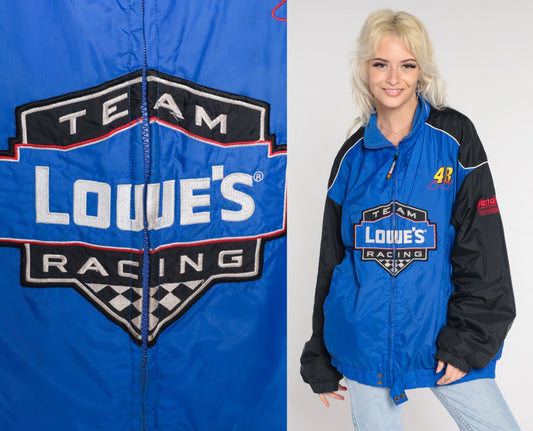 Y2K Lowes Racing Jacket Jimmie Johnson NASCAR Windbreaker Blue Black Extra Large