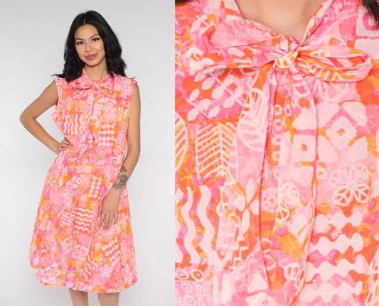 60s Tropical Floral Ascot Midi Dress Pink Orange Geometric Low Waist Medium