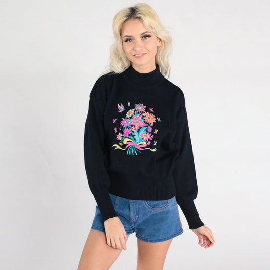 80s Meister Wool Embroidered Floral Mock Neck Sweater Black Small
