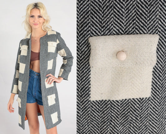 60s Wool Herringbone Mod Jacket Black White Open Front Extra Small