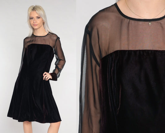 90s Black Velvet Mini Dress Illusion Neckline Long Sleeve Party Large