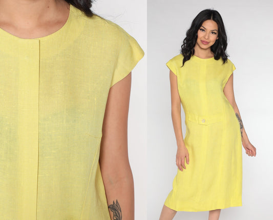 1960s Yellow Linen Shift Dress Cap Sleeve Knee Length Medium