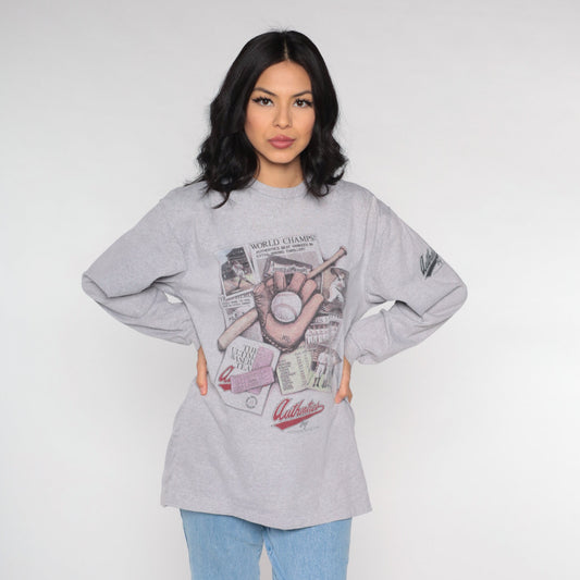 90s Northern Reflections Baseball Long Sleeve T-Shirt Grey Graphic Large