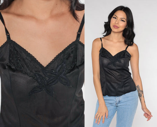 70s Black Camisole Lace Trim Nylon Cami Lingerie Top Small