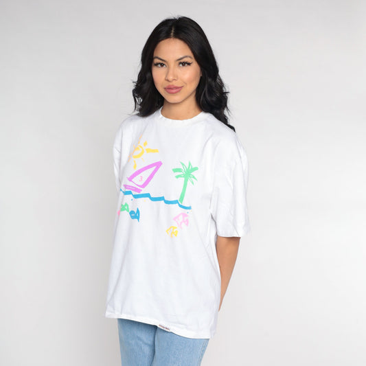 90s Crazy Shirts Sailboat Tropical Beach Graphic Tee White Large L