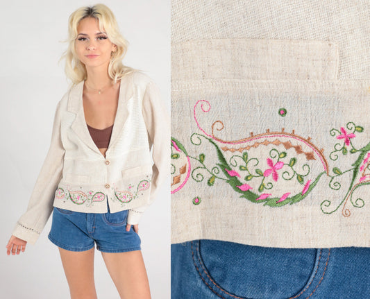90s Paisley Embroidered Blazer Beige Deep V-Neck Button-Up Small S