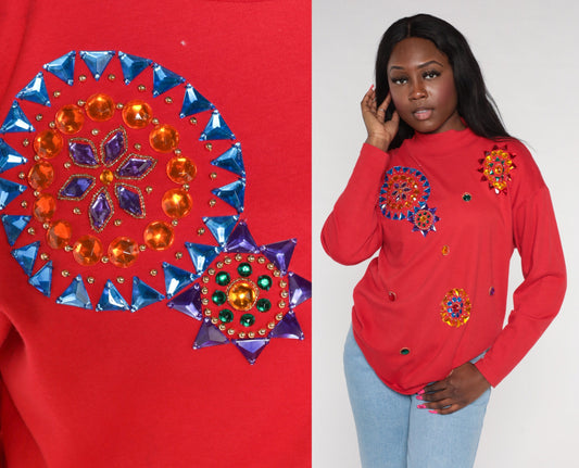 90s Red Rhinestone Mandala Long Sleeve T-Shirt Crystal Bedazzled Top Small