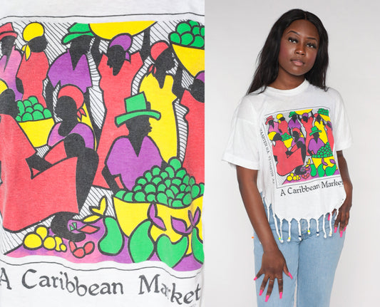 90s Caribbean Market St. Martin Graphic T-Shirt Beaded Fringe White Medium Large