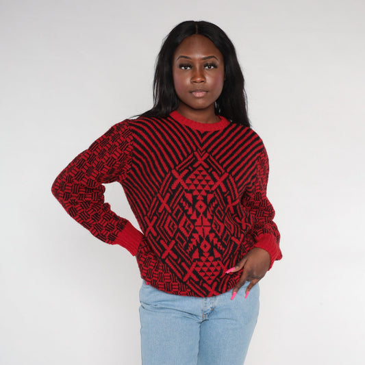 80s Saks Fifth Avenue Wool Sweater Red Geometric Black Op Art Medium M