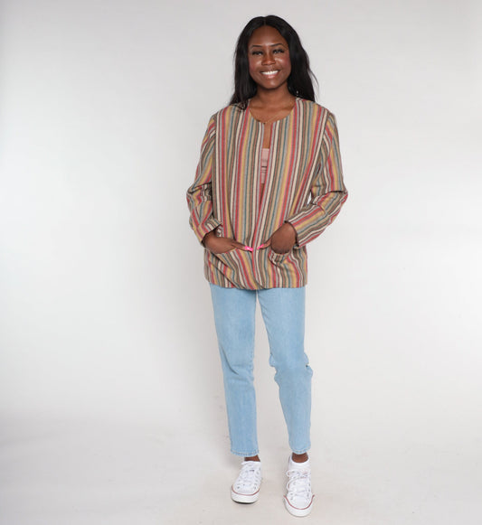90s Striped Wool Blend Blazer Open Front Jacket Multicolor Large