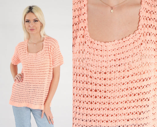 80s Orange Crochet Blouse Peach Open Weave Short Sleeve Small