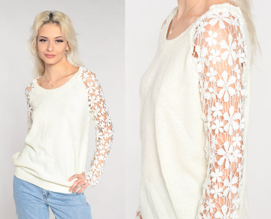 90s White Crochet Floral Knit Sweater Sheer Sleeve Pullover Medium Large