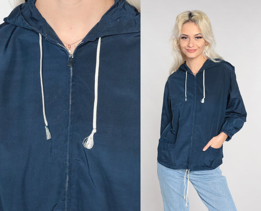 80s Navy Zip-Up Hooded Windbreaker Jacket Small S