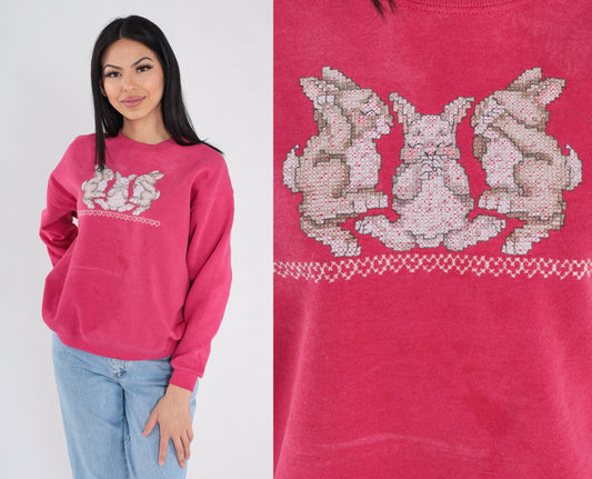 90s Bunny Cross Stitch Sweatshirt Faded Red Crewneck Pullover Medium M