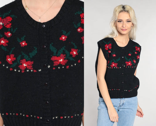 80s Black Wool Floral Button-Up Sweater Vest Red Flower Knit Large