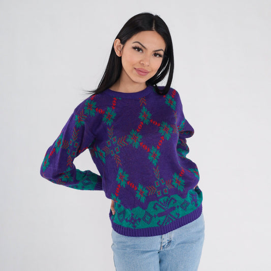90s Purple Snowflake Knit Sweater Geometric Crewneck Pullover Medium M
