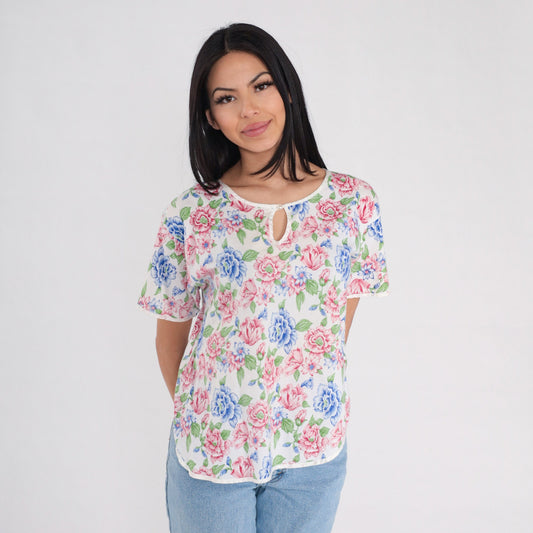 90s Floral Keyhole Blouse White Flower Print Cotton Short Sleeve Small