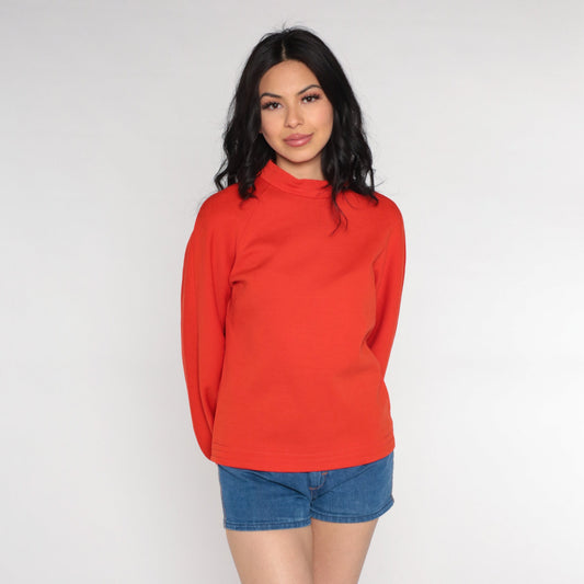 70s Red-Orange Mock Neck Raglan Sleeve Blouse Medium