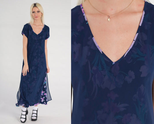 00s Floral Chiffon Maxi Dress Dark Blue V-Neck Botanical Print Small