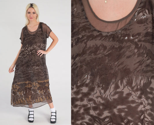 90s Zebra Print Shift Dress Brown Column Midi Short Sleeve Medium