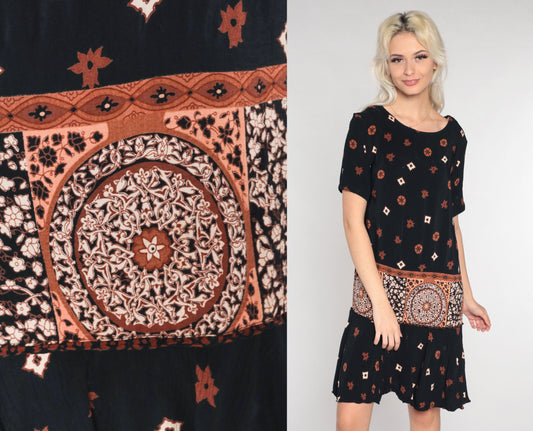 90s Black Mini Dress Abstract Floral Tile Print Short Sleeve Small S