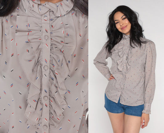80s Grey Ruffle Neck Puff Sleeve Button-Up Blouse Confetti Stripe Small