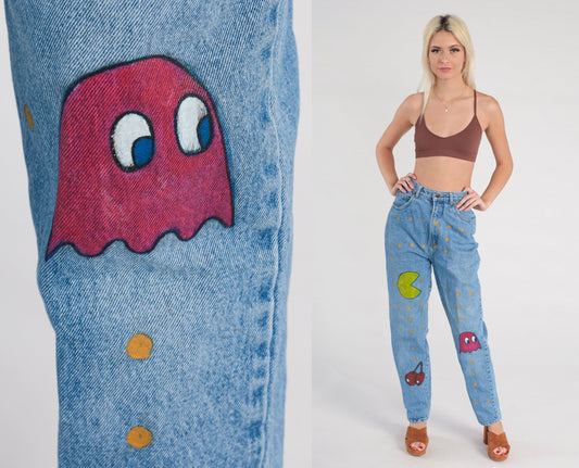 90s Pac-Man Hand Painted High Waist Tapered Jeans Blue Denim Small
