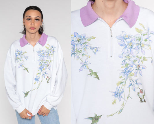 Y2K Hummingbird Columbine Floral Quarter Zip Sweatshirt White Large L