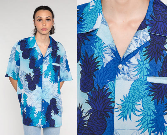 70s Blue Pineapple Tropical Button Up Shirt Short Sleeve Men's Large
