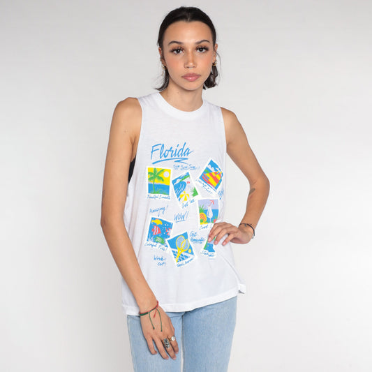 90s Florida Vacation Muscle Tank White Graphic Tourist Tee Small