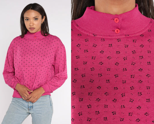 80s Floral All Over Print Sweatshirt Pink Mock Neck Medium