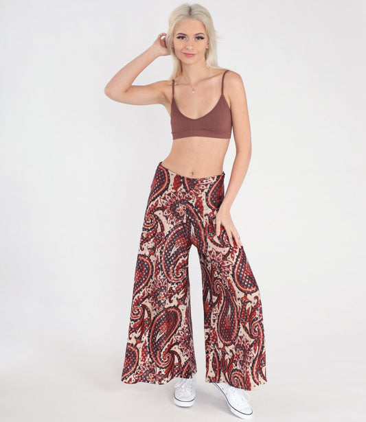 70s Paisley Metallic Bell Bottom Pants High Waisted Red Cream Small