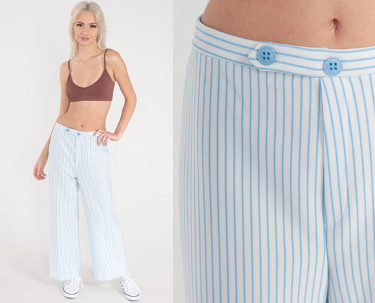 70s White Blue Striped High Rise Straight Leg Trousers Medium 29