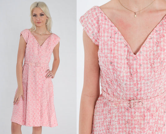1950s Pink Gingham Mini Dress Rhinestone Cap Sleeve V Neck High Waist Small