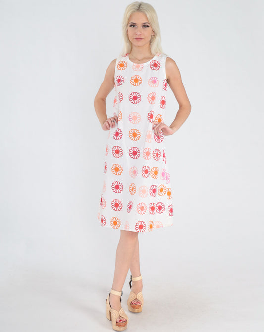 80s White Daisy Floral Shift Dress Sleeveless Knee-Length Small