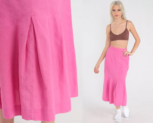 90s Bright Pink Pleated Midi Skirt High Waist Cotton Linen Extra Small