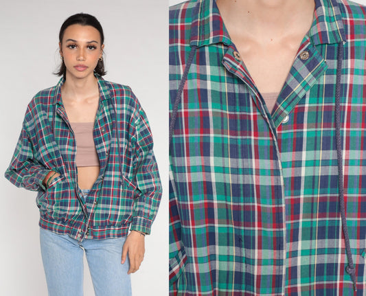 80s Plaid Windbreaker Snap Jacket Blue Red Green Small