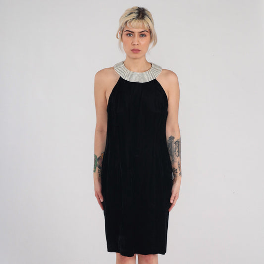 90s Black Velvet Mini Dress Pearl Beaded Sleeveless Sheath Small S