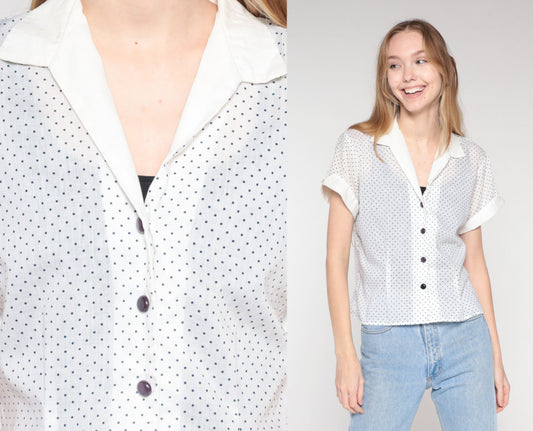 70s Polka Dot Button-Up Blouse White Black Collared Short Sleeve Large