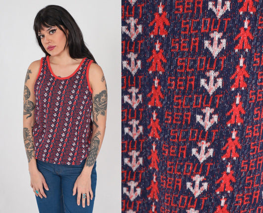70s Sea Scout Anchor Tank Top Red White Blue Nautical Sleeveless Medium